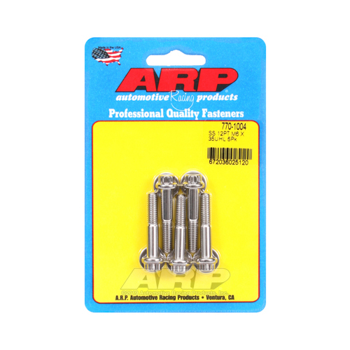 ARP Bolts, 12-Point Head, Stainless 300, Polished, 6mm x 1.00 RH Thread, 35mm UHL, Set of 5