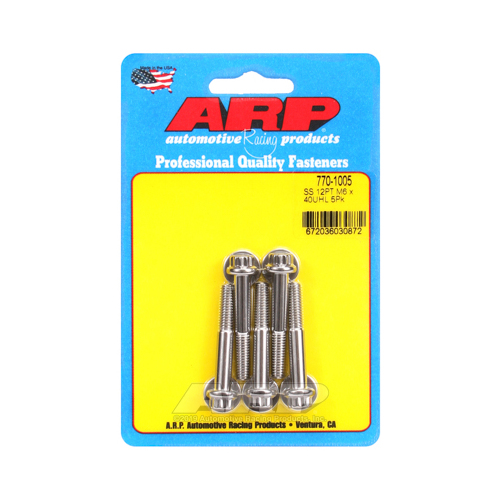 ARP Bolts, 12-Point Head, Stainless 300, Polished, 6mm x 1.00 RH Thread, 40mm UHL, Set of 5