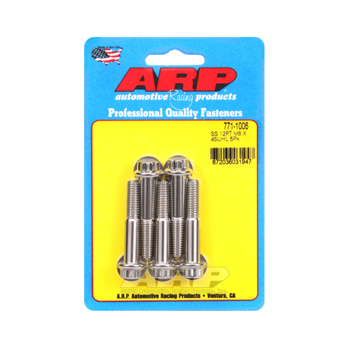 ARP Bolts, 12-Point Head, Stainless 300, Polished, 8mm x 1.25 RH Thread, 45mm UHL, Set of 5