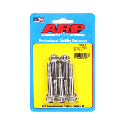 ARP Bolts, 12-Point Head, Stainless 300, Polished, 8mm x 1.25 RH Thread, 50mm UHL, Set of 5