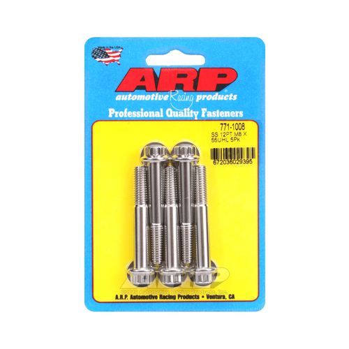 ARP Bolts, 12-Point Head, Stainless Steel, Polished, M8 x 1.25 RH Thread, 55mm UHL, Set of 5