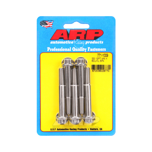 ARP Bolts, 12-Point Head, Stainless 300, Polished, 8mm x 1.25 RH Thread, 60mm UHL, Set of 5