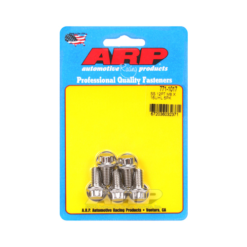 ARP Bolts, 12-Point Head, Stainless 300, Polished, 8mm x 1.25 RH Thread, 16mm UHL, Set of 5