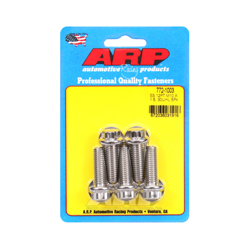 ARP Bolts, 12-Point Head, Stainless 300, Polished, 10mm x 1.5 RH Thread, 30mm UHL, Set of 5