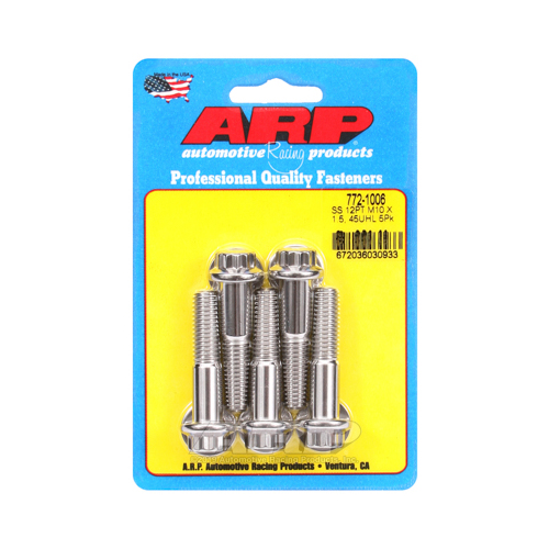 ARP Bolts, 12-Point Head, Stainless 300, Polished, 10mm x 1.5 RH Thread, 45mm UHL, Set of 5