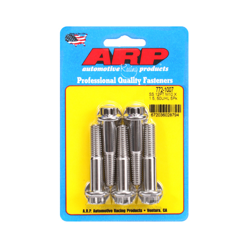 ARP Bolts, 12-Point Head, Stainless 300, Polished, 10mm x 1.5 RH Thread, 50mm UHL, Set of 5