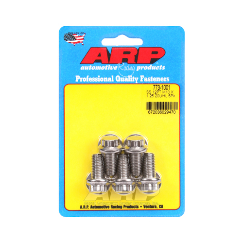 ARP Bolts, 12-Point Head, Stainless 300, Polished, 10mm x 1.25 RH Thread, 20mm UHL, Set of 5