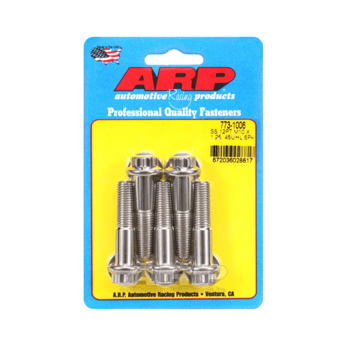 ARP Bolts, 12-Point Head, Stainless 300, Polished, 10mm x 1.25 RH Thread, 45mm UHL, Set of 5