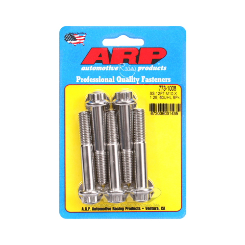 ARP Bolts, 12-Point Head, Stainless 300, Polished, 10mm x 1.25 RH Thread, 60mm UHL, Set of 5