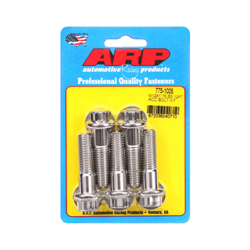 ARP Bolts, Stainless Steel 300, Polished, 12-Point Head, 12mm x 1.75 Thread, 45mm UHL, Set of 5