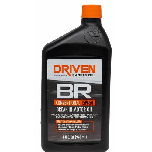 Driven Racing Oil Engine Oil, BR50, Break-In, Mineral, 15W50, ZDDP Enhanced, 1 qt., Each
