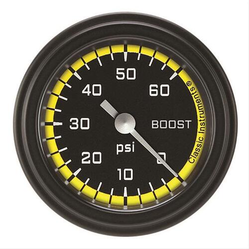Classic Instruments Gauge, Boost, Full Sweep 2 1/8" Diameter, Yellow, Matte-Black