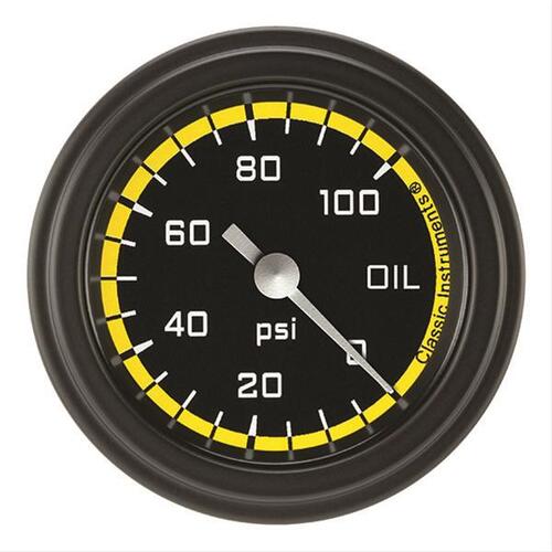 Classic Instruments Gauge, Oil Pressure, Full Sweep 2 1/8" Diameter, Yellow, Matte-Black