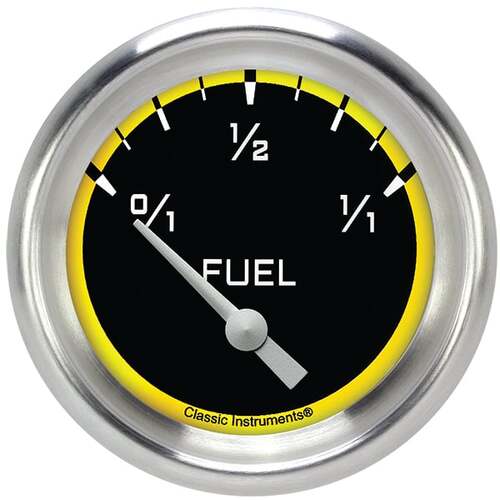 Classic Instruments Gauge, Fuel, Short Sweep 2 5/8" Diameter, Yellow, Aluminium