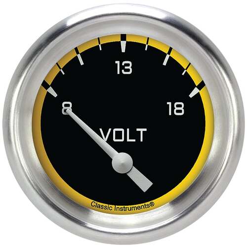 Classic Instruments Gauge, Volt, Short Sweep 2 5/8" Diameter, Yellow, Aluminium