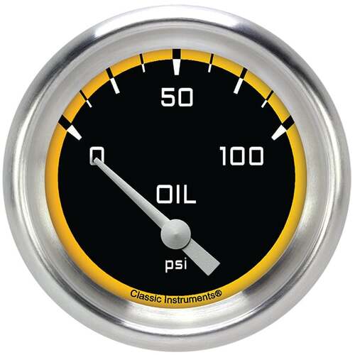 Classic Instruments Gauge, Oil Pressure, Short Sweep 2 5/8" Diameter, Yellow, Aluminium