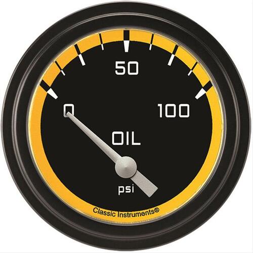 Classic Instruments Gauge, Oil Pressure, Short Sweep 2 5/8" Diameter, Yellow, Matte-Black