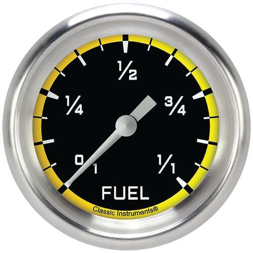 Classic Instruments Gauge, Fuel, Full Sweep 2 5/8" Diameter, Yellow, Aluminium