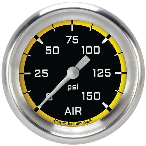 Classic Instruments Gauge, Air Pressure, Full Sweep 2 5/8" Diameter, Yellow, Aluminium