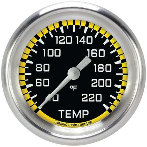 Classic Instruments Gauge, Stock Eliminator Temperature, Full Sweep 2 5/8" Diameter, Yellow, Aluminium