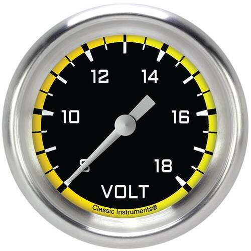 Classic Instruments Gauge, Volt, Full Sweep 2 1/8" Diameter, Yellow, Aluminium