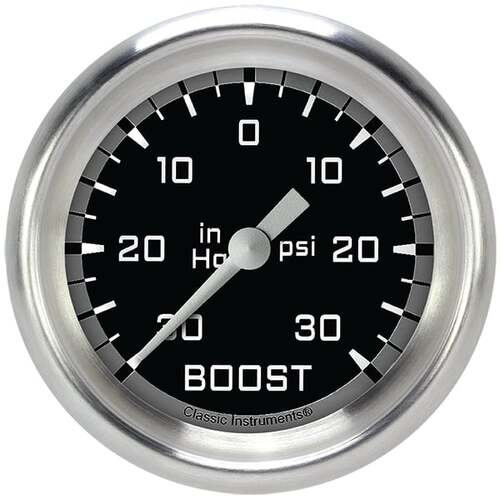 Classic Instruments Gauge, Boost/Vacuum, Full Sweep 2 5/8" Diameter, Grey, Aluminium