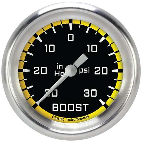 Classic Instruments Gauge, Boost/Vacuum, Full Sweep 2 5/8" Diameter, Yellow, Aluminium