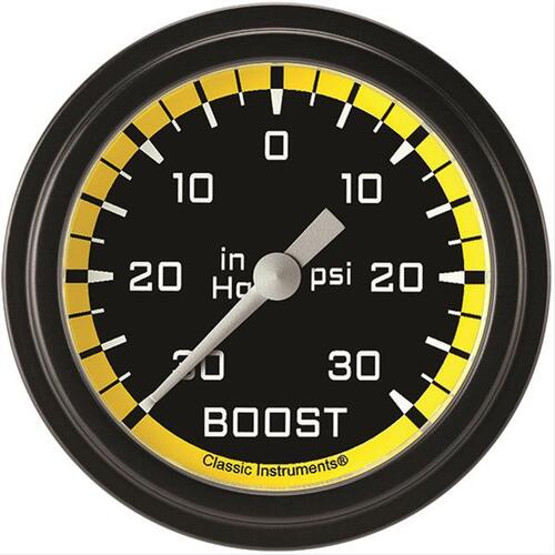 Classic Instruments Gauge, Boost/Vacuum, Full Sweep 2 5/8" Diameter, Yellow, Matte-Black