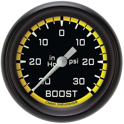 Classic Instruments Gauge, Boost/Vacuum, Full Sweep 2 5/8" Diameter, Yellow