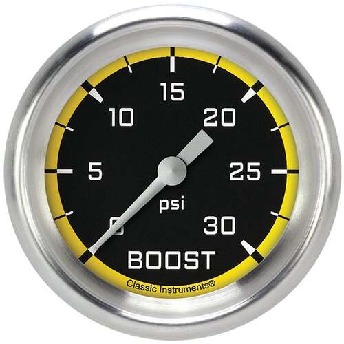 Classic Instruments Gauge, Boost, Full Sweep 2 5/8" Diameter, Yellow, Aluminium