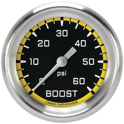 Classic Instruments Gauge, Boost, Full Sweep 2 5/8" Diameter, Yellow, Aluminium