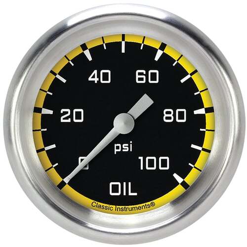 Classic Instruments Gauge, Oil Pressure, Full Sweep 2 5/8" Diameter, Yellow, Aluminium