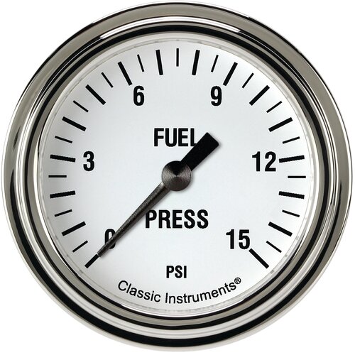 Classic Instruments Gauge, White Hot 2 5/8" Fuel Pressure, 15 psi Full Sweep