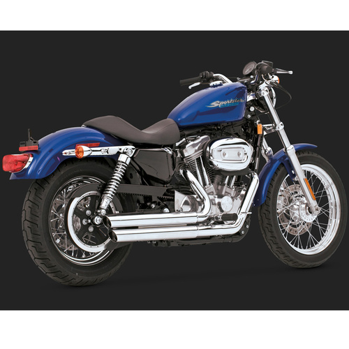 Vance & Hines Exhaust System, Double Barrel Staggered, Dual In/Out, Steel, Chrome, Slant Cut, Sportster 04-13 (04-06 Models Need V16925 O2 Sensor Bung