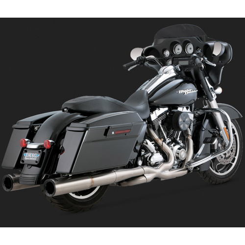 Vance & Hines Mufflers, Hi-Output, Full, Stainless, Brushed, Round Straight Outlet, Duals Touring 09-15, H-D, Kit