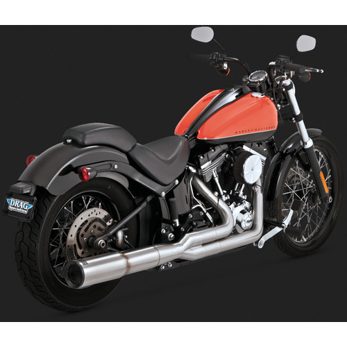 Vance & Hines Mufflers, Hi-Output, Full, Stainless, Brushed, Round Straight Outlet, 2-1 Softail 86-15 (86-06 Models Need V16925 O2 Sensor Bungs), H-D,