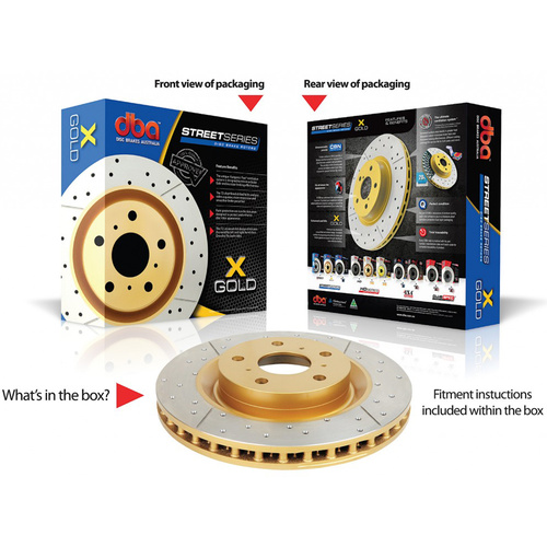 DBA Disc Rotor, X Gold Drilled/Slotted, 287mm Dia., 62mm Height, 15mm Thick, 70.5 Centre Hole, For Ford R, Each