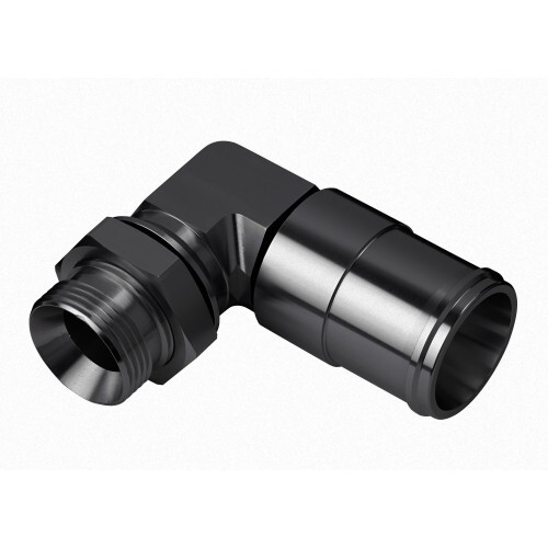 Davies Craig Fitting, Adapter, 90 Degree, Male -16 AN to 1 3/8 in. Hose Barb, Aluminum, Matte Black Powdercoated, Each