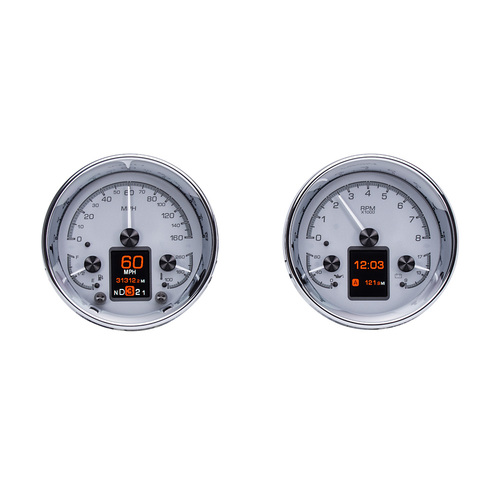 Dakota Digital Gauges, HDX Series, Analog/Digital, Speedometer Tach, Fuel Level, Volts, Clock, Silver, Chrome Bezel, Universal Dual 5.4 in. Round, Kit