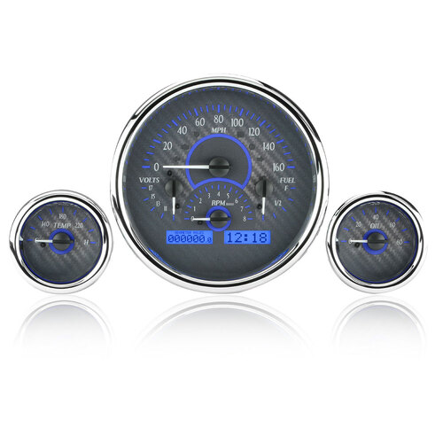 Dakota Digital Gauge, MDX System, Triple Round Universal, Carbon Fiber Style Face, Blue Display, Custom