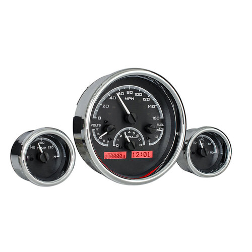 Dakota Digital Gauge, MDX System, Triple Round Universal, Black Alloy Style Face, Red Display, Custom
