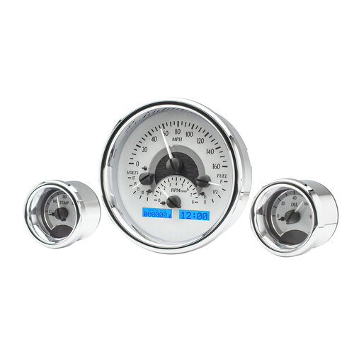 Dakota Digital Gauge, MDX System, Triple Round Universal, Silver Alloy Style Face, Blue Display, Custom