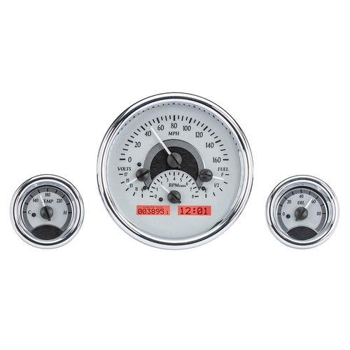 Dakota Digital Gauge, MDX System, Triple Round Universal, Silver Alloy Style Face, Red Display, Custom