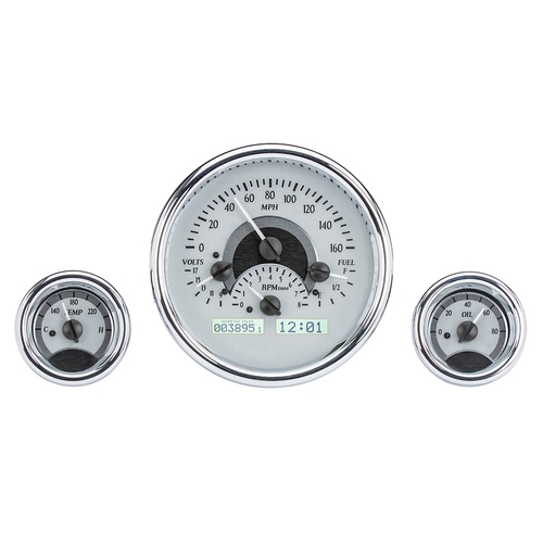 Dakota Digital Gauge, MDX System, Triple Round Universal, Silver Alloy Style Face, White Display, Custom