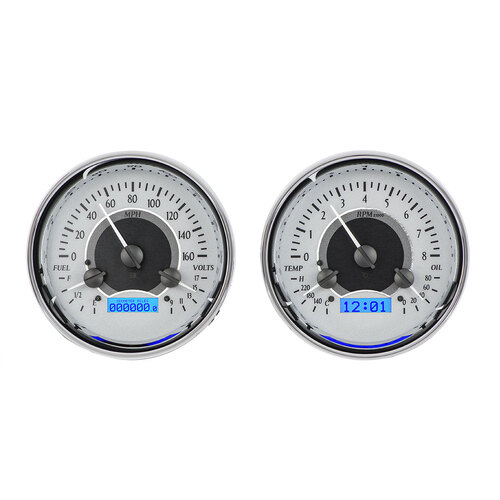 Dakota Digital Gauge, MDX System, Dual Round Universal, Silver Alloy Style Face, Blue Display, Custom