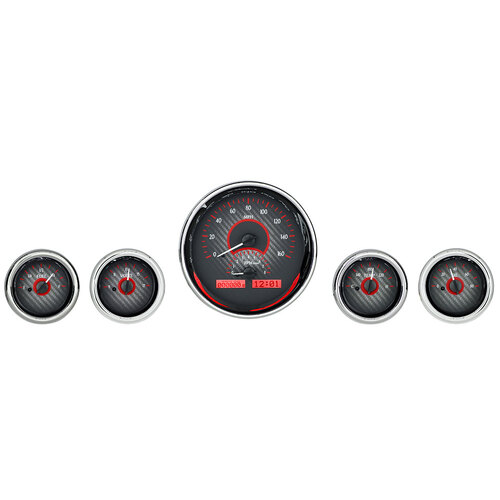 Dakota Digital Gauge, MDX System, Five-Gauge Round Universal, Carbon Fiber Style Face, Red Display, Custom