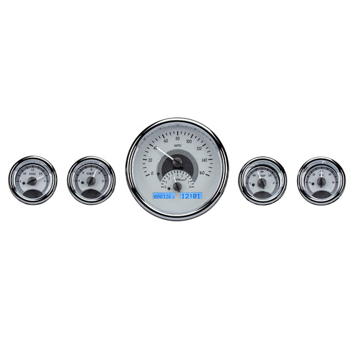 Dakota Digital Gauge, MDX System, Five-Gauge Round Universal, Silver Alloy Style Face, Blue Display, Custom