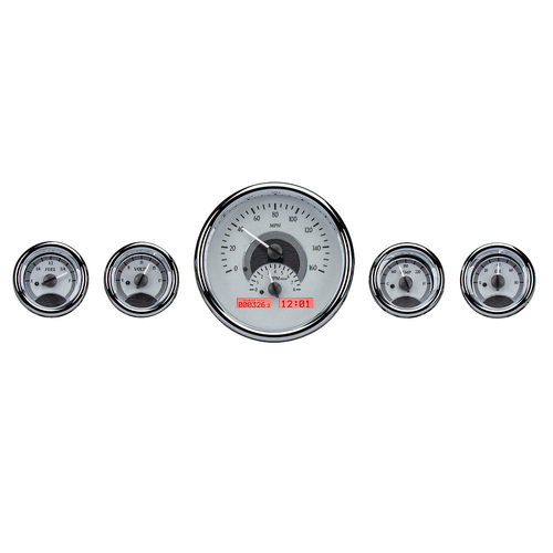 Dakota Digital Gauge, MDX System, Five-Gauge Round Universal, Silver Alloy Style Face, Red Display, Custom