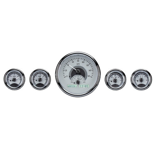 Dakota Digital Gauge, MDX System, Five-Gauge Round Universal, Silver Alloy Style Face, White Display, Custom