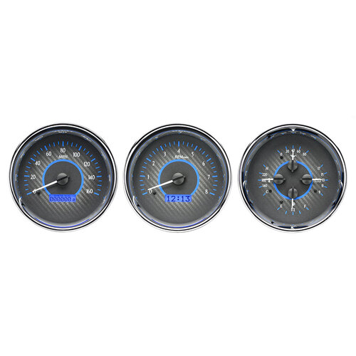 Dakota Digital Gauge, MDX System, Triple Round Universal, Carbon Fiber Style Face, Blue Display, Custom